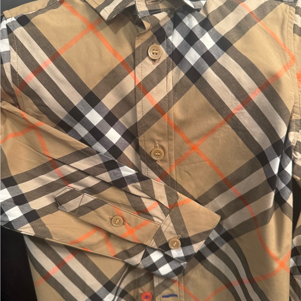 Burberry Tan and Orange Plaid Button Down Shirt Kid Version 4T